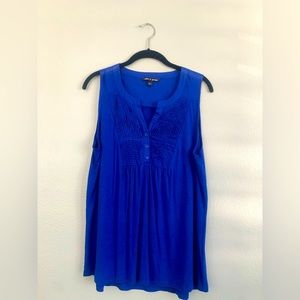 Womens Sleeveless Cobalt Blue Top with Button Detail and Tuxedo Pleats